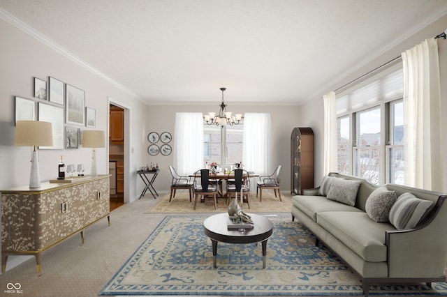 living room with a chandelier, crown molding, and light carpet