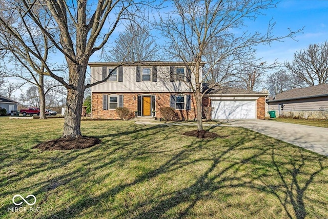 colonial-style house with a front yard, brick siding, a garage, and driveway