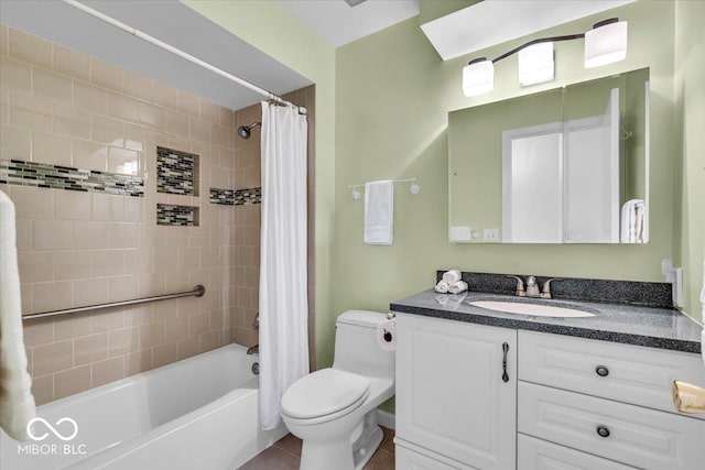 bathroom with vanity, toilet, shower / bathtub combination with curtain, and tile patterned flooring