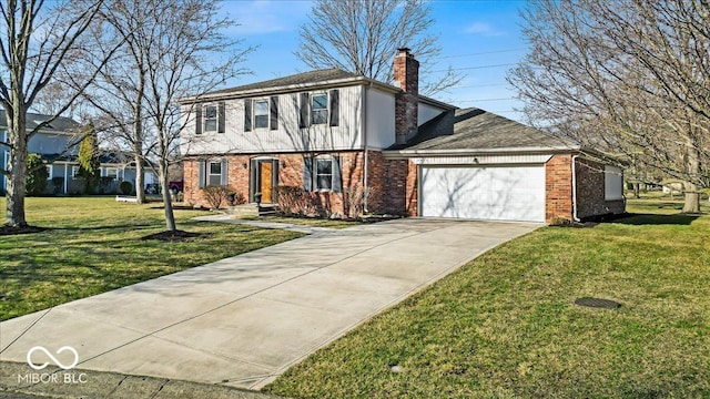 colonial inspired home featuring a front yard, an attached garage, a chimney, concrete driveway, and brick siding