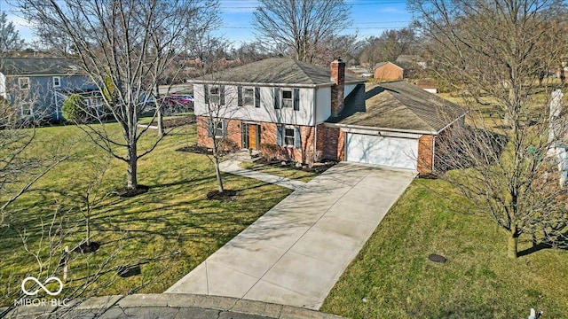 view of front of house with driveway, a chimney, a front lawn, a garage, and brick siding