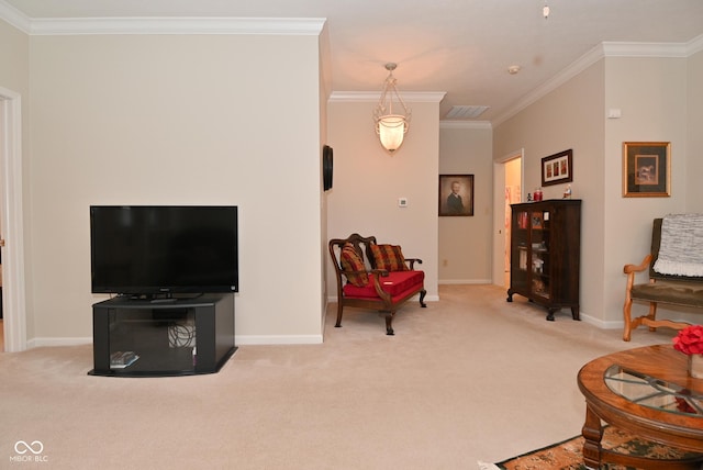 living room with crown molding and light colored carpet