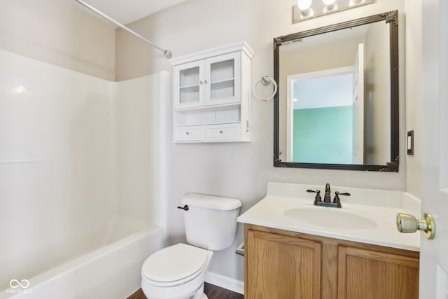 full bathroom featuring bathtub / shower combination, toilet, and vanity