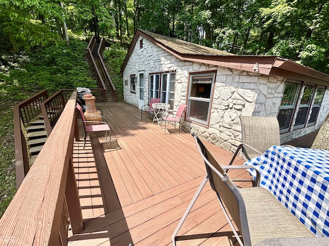 7018 Drum Dr, Nineveh, IN 46164 - wooden terrace featuring stairs and view of wooded area