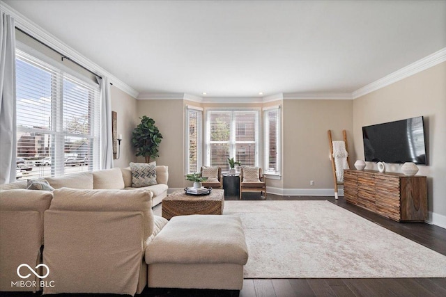 living room with dark wood-style floors, baseboards, and ornamental molding