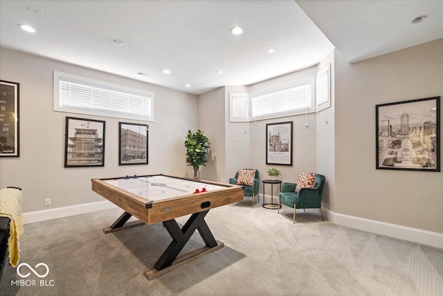 rec room with recessed lighting, baseboards, and carpet