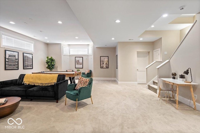 living room with stairway, recessed lighting, baseboards, and carpet floors