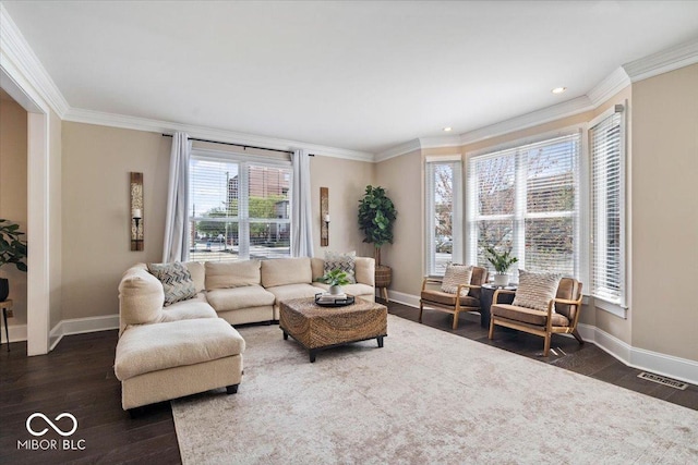 living area featuring baseboards, dark wood finished floors, and crown molding