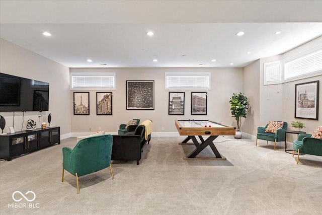 living room featuring carpet flooring, recessed lighting, and baseboards