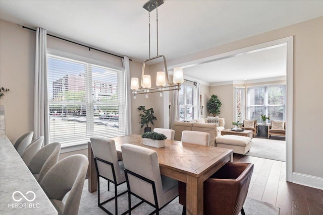 dining room featuring baseboards, plenty of natural light, an inviting chandelier, and wood-type flooring