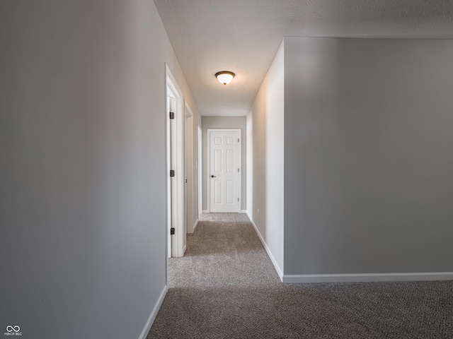 hallway featuring a textured ceiling and carpet flooring