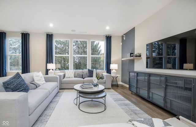 living area featuring baseboards, wood finished floors, and recessed lighting