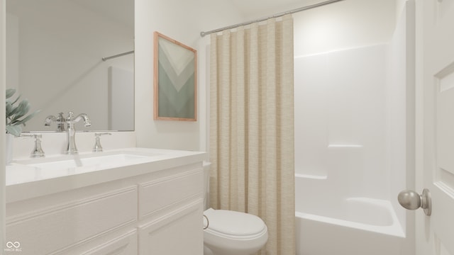 full bathroom with shower / tub combo with curtain, vanity, and toilet