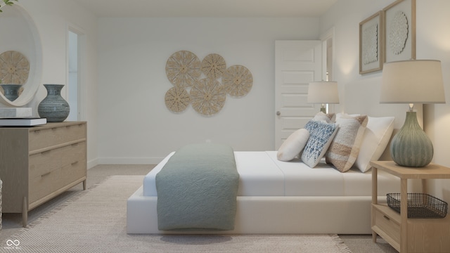 bedroom with light colored carpet