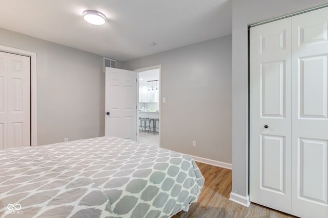 bedroom featuring light hardwood / wood-style floors and two closets