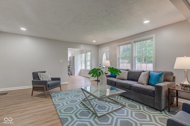 living room with light wood-type flooring, plenty of natural light, and a textured ceiling