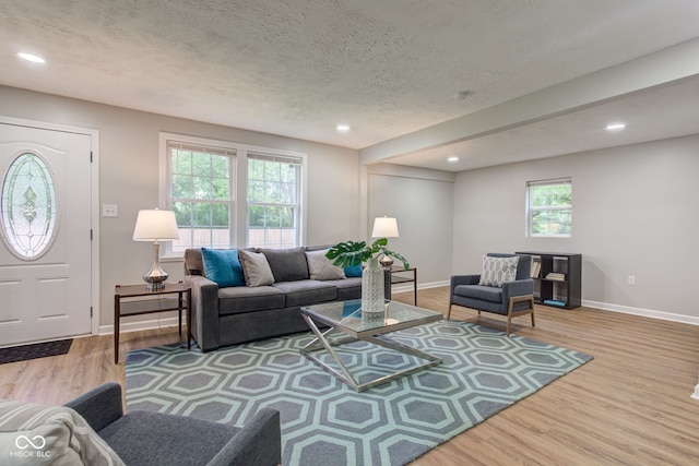 living room featuring a textured ceiling, light hardwood / wood-style flooring, and a wealth of natural light