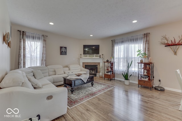 living room featuring a healthy amount of sunlight, a textured ceiling, and light wood-type flooring