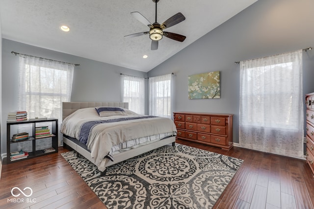 bedroom featuring dark wood-type flooring, lofted ceiling, and a textured ceiling