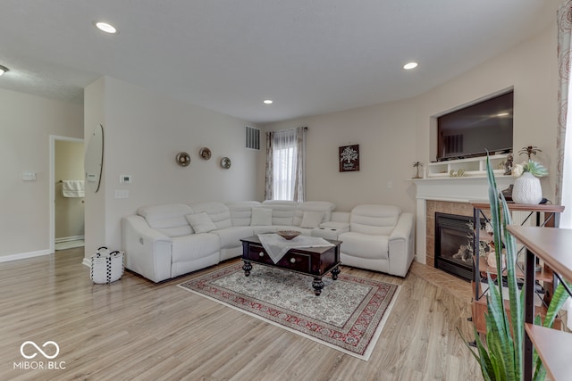 living room with a fireplace and light hardwood / wood-style flooring