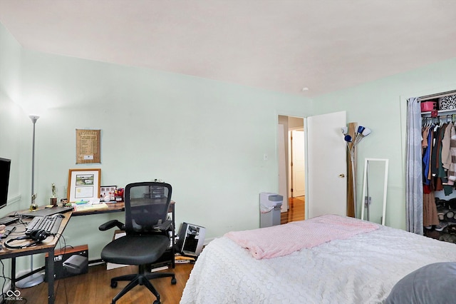 bedroom featuring wood-type flooring and a closet