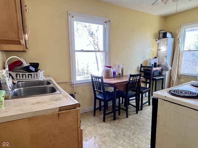 kitchen featuring ceiling fan, sink, and white range with electric stovetop