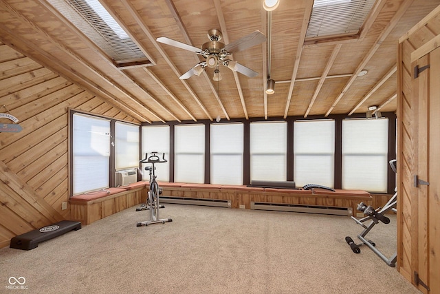 exercise room with lofted ceiling, carpet floors, wooden ceiling, and wood walls