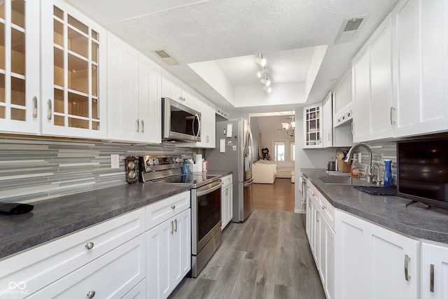 kitchen featuring stainless steel appliances, a raised ceiling, sink, and white cabinets