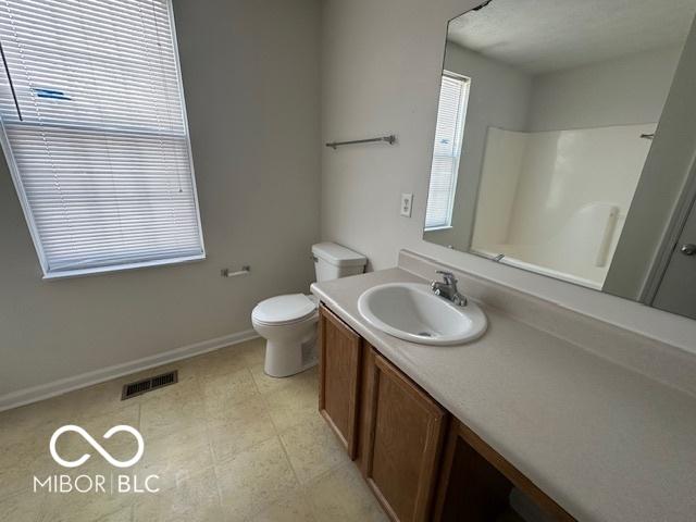 bathroom with toilet, a shower, and vanity