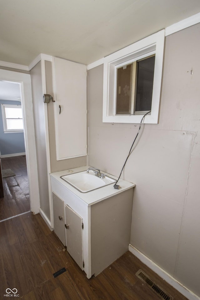 laundry room with sink and dark wood-type flooring