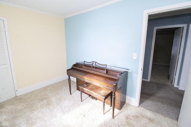 miscellaneous room with light colored carpet and ornamental molding