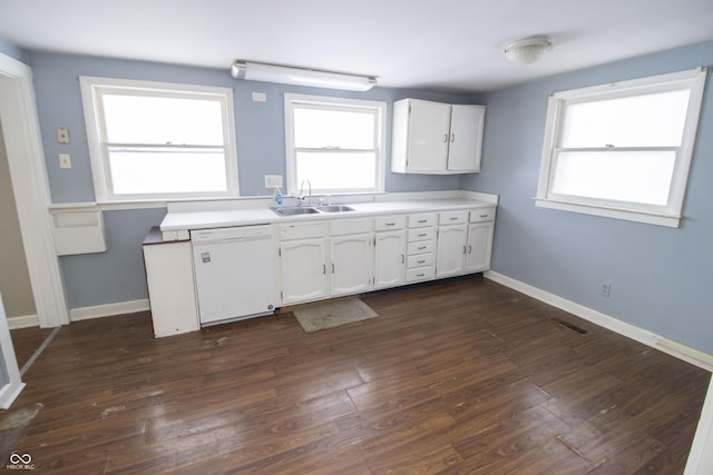 kitchen with sink, dark hardwood / wood-style flooring, white cabinetry, and white dishwasher