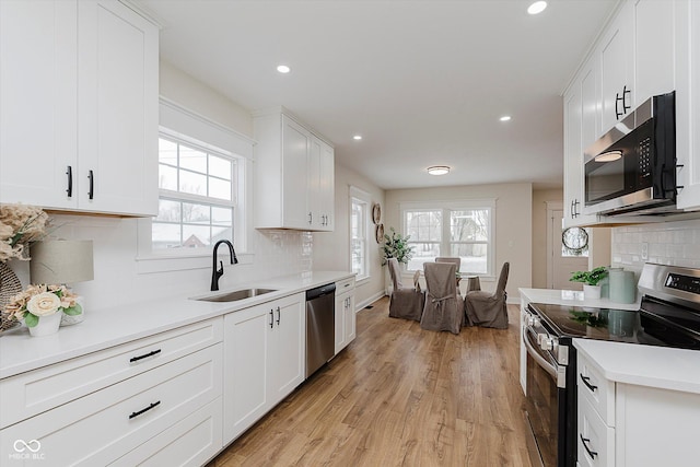 kitchen with appliances with stainless steel finishes, white cabinetry, sink, decorative backsplash, and light hardwood / wood-style floors