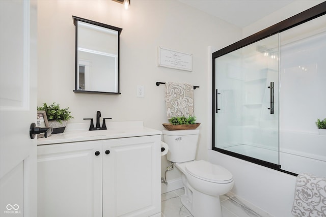 full bathroom with vanity, enclosed tub / shower combo, and toilet