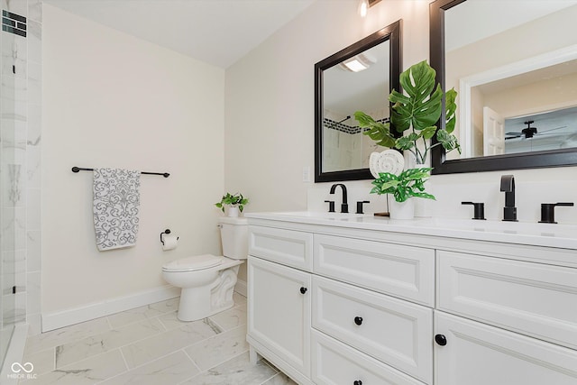 bathroom featuring vanity, walk in shower, and toilet