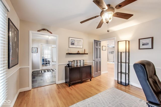 office space with ceiling fan and light wood-type flooring