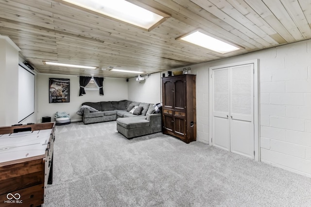 living room with wood ceiling and light colored carpet