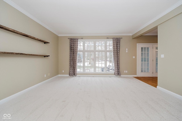 unfurnished room with crown molding and carpet floors