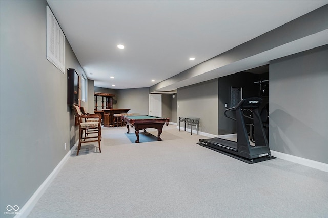 rec room with light colored carpet and pool table