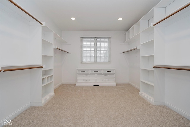 walk in closet with light carpet