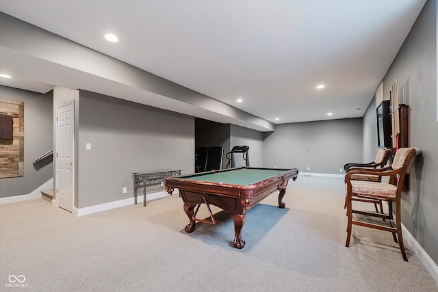 game room featuring light carpet and pool table