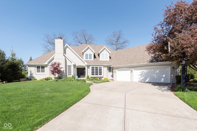 10295 Summerlin Way, Fishers, IN 46037 - cape cod-style house with a front yard, a garage, driveway, a chimney, and stucco siding