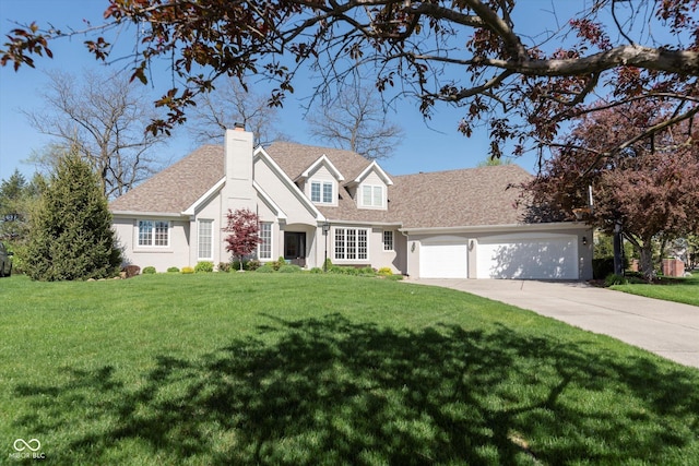 10295 Summerlin Way, Fishers, IN 46037 - new england style home with a front lawn, a garage, a shingled roof, a chimney, and concrete driveway