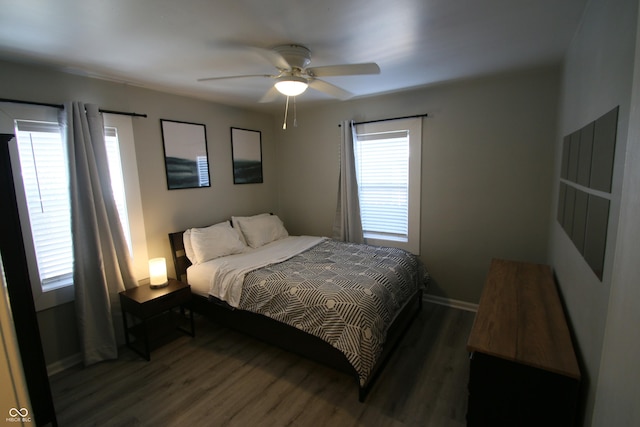 bedroom featuring ceiling fan and dark wood-type flooring