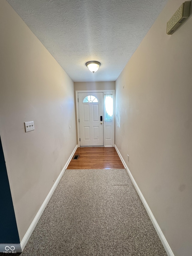 entryway with carpet floors and a textured ceiling