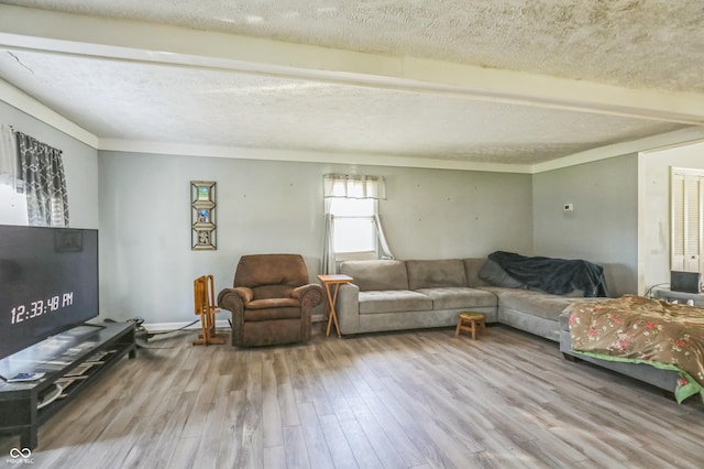 living room with hardwood / wood-style flooring, ornamental molding, and a textured ceiling