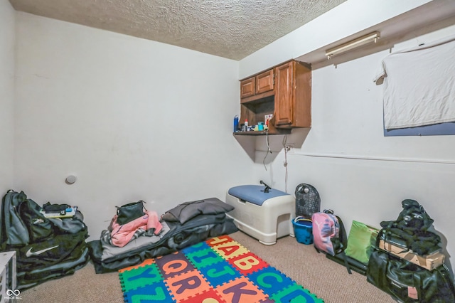 game room featuring carpet and a textured ceiling