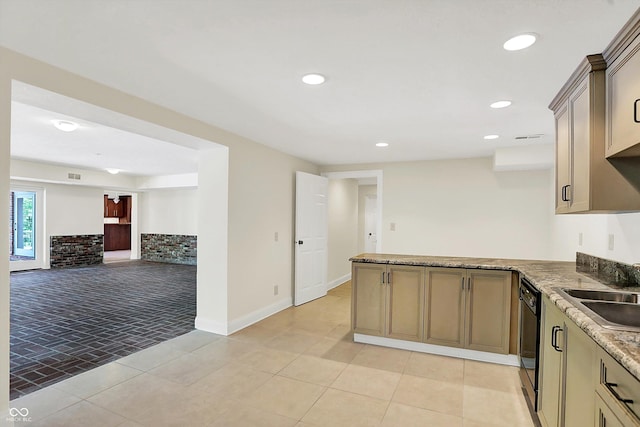 8602 Frontgate Ln, Indianapolis, IN 46256 - kitchen featuring black dishwasher, light tile patterned floors, recessed lighting, a peninsula, and a sink