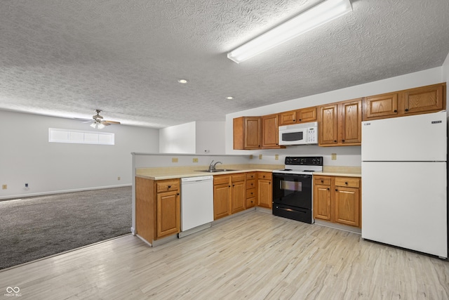 kitchen featuring sink, a textured ceiling, white appliances, and light hardwood / wood-style flooring