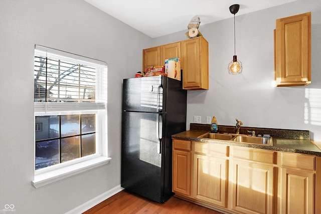 kitchen featuring black refrigerator, light hardwood / wood-style floors, sink, and hanging light fixtures